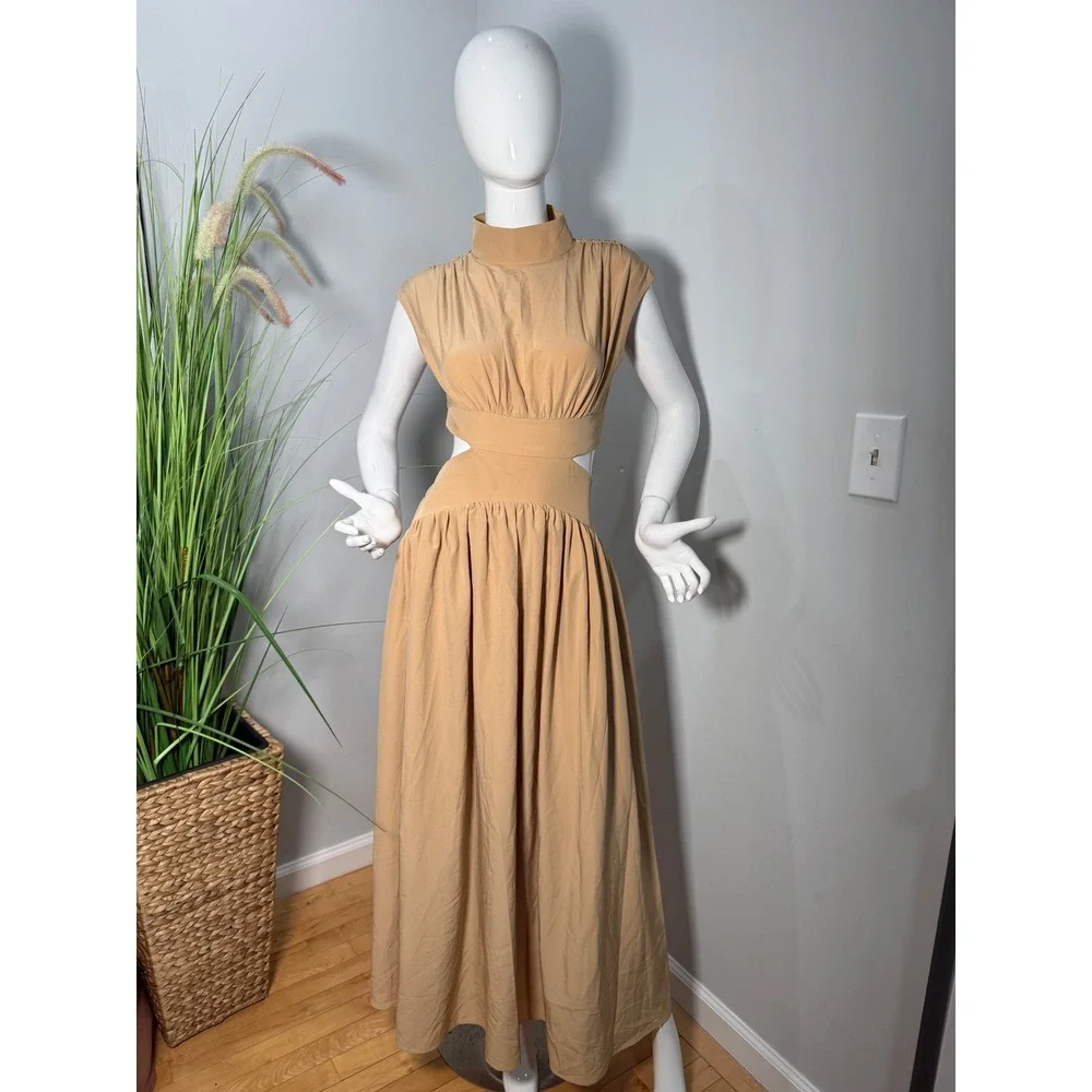 Commense Beige Cutout Maxi Dress High Neck‎  Elegant Flowy size S